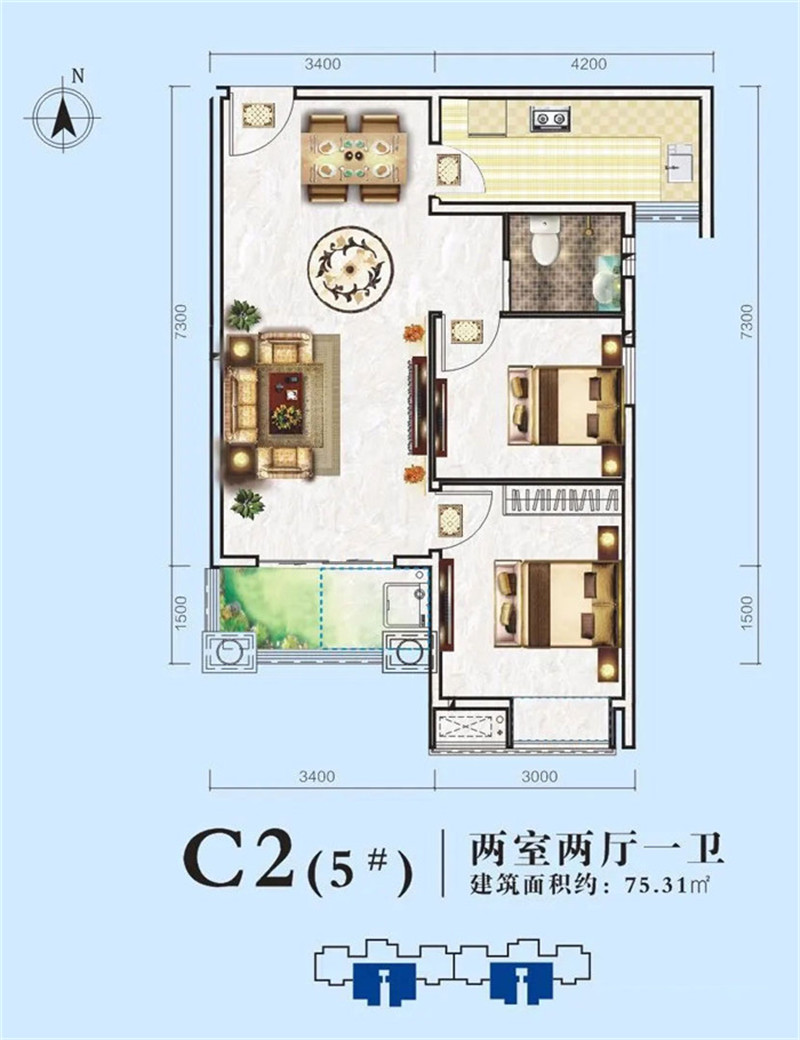 盈滨福宜圣地5#C2户型两室两厅一卫建面约72.58㎡